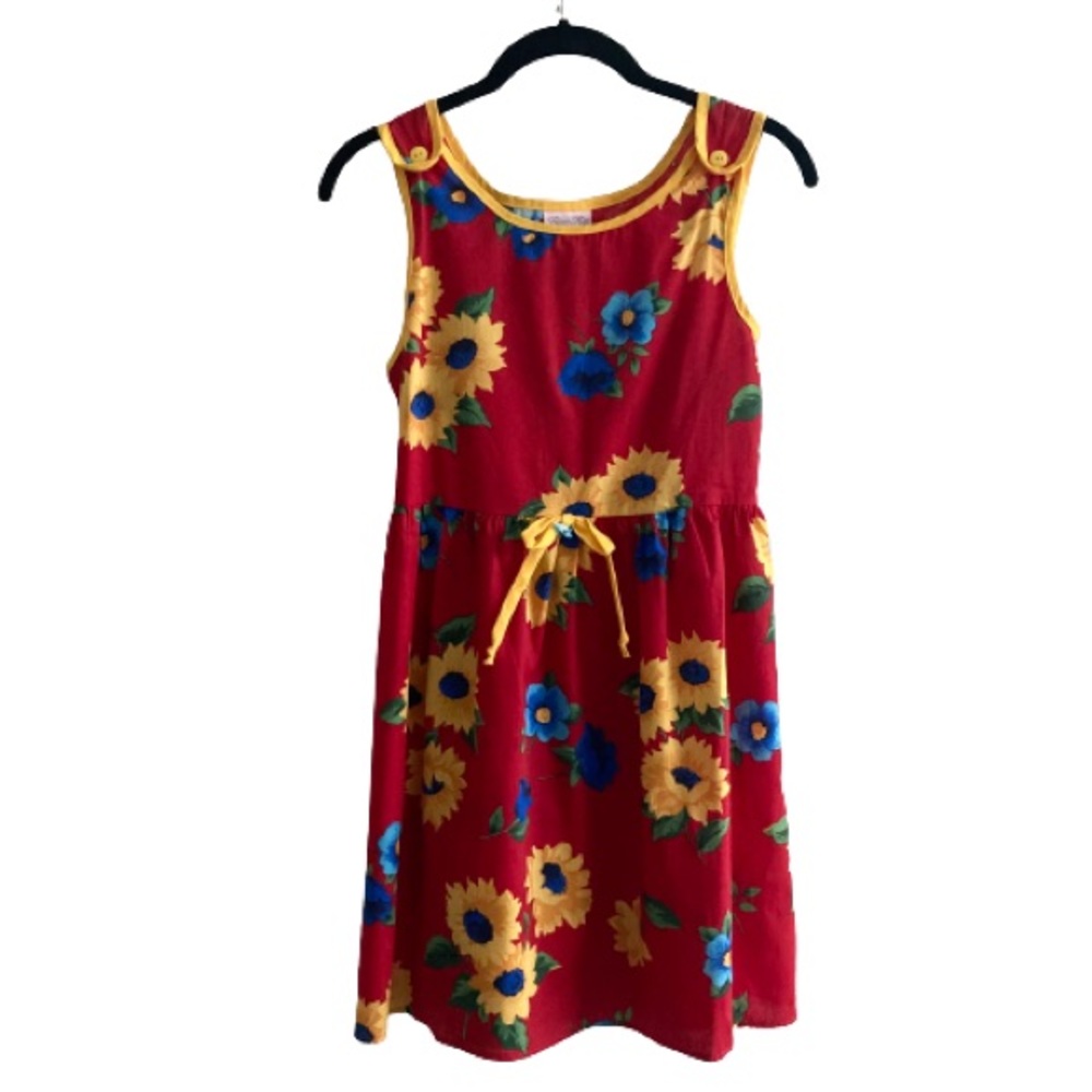 Vintage 90s Bow Age Red and Yellow Summer Floral Sunflower Casual Sun Dress